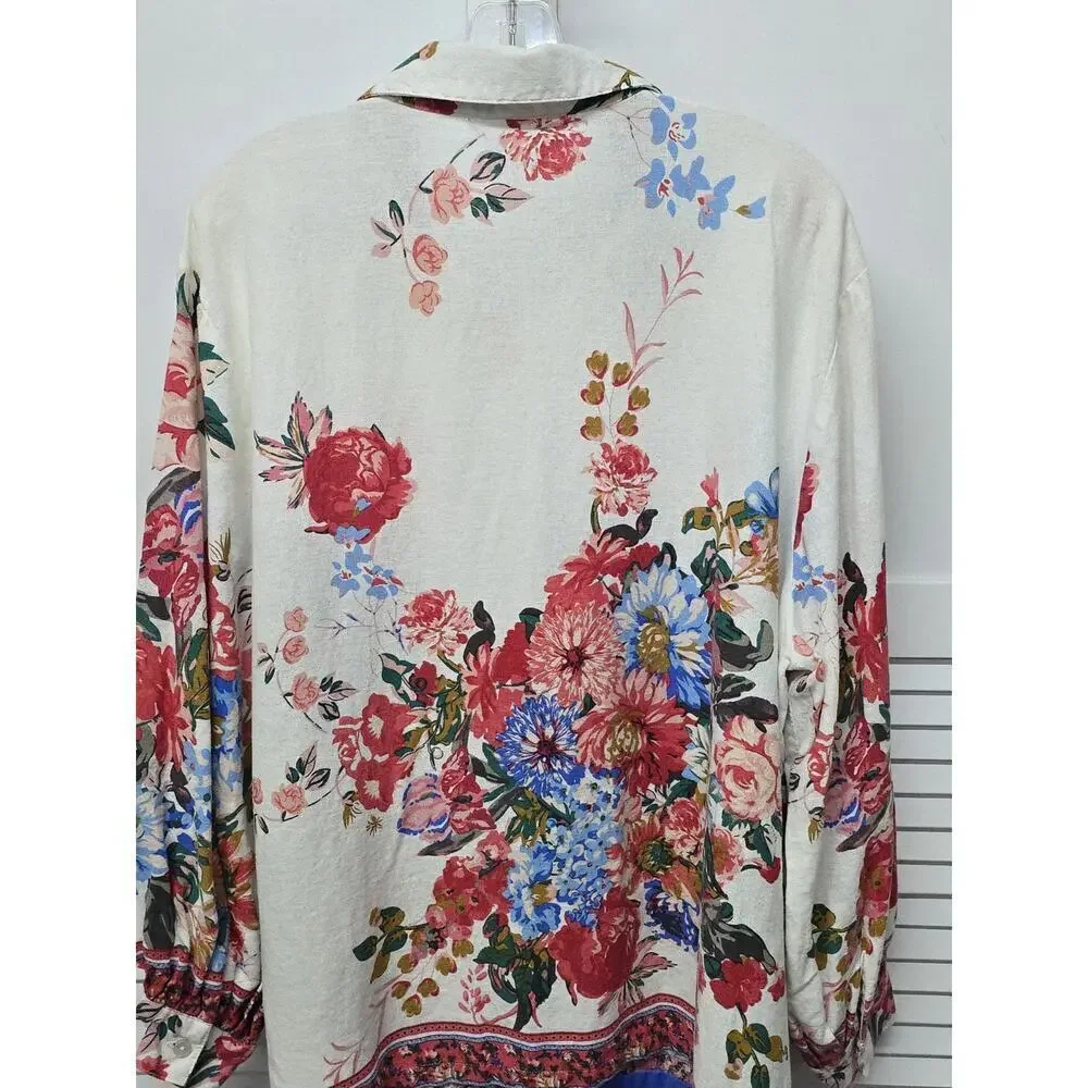 Cynthia Rowley Floral Print Shirt Blouse Women Sz 1X Long Sleeve top Linen Blend